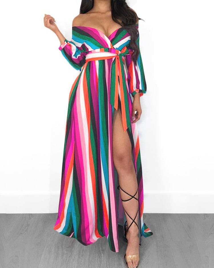 

Contrast Color Stripe Slit Belted Dress, Multicolor