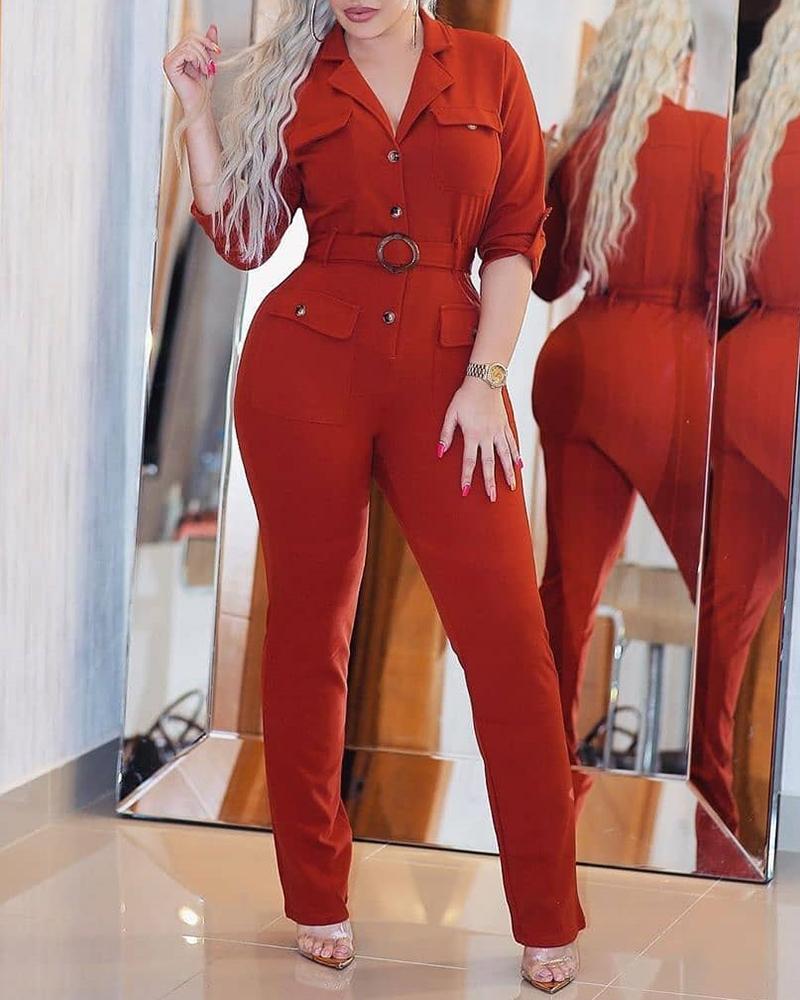 

Solid Buttoned Pocket Design Cargo Jumpsuit, Red