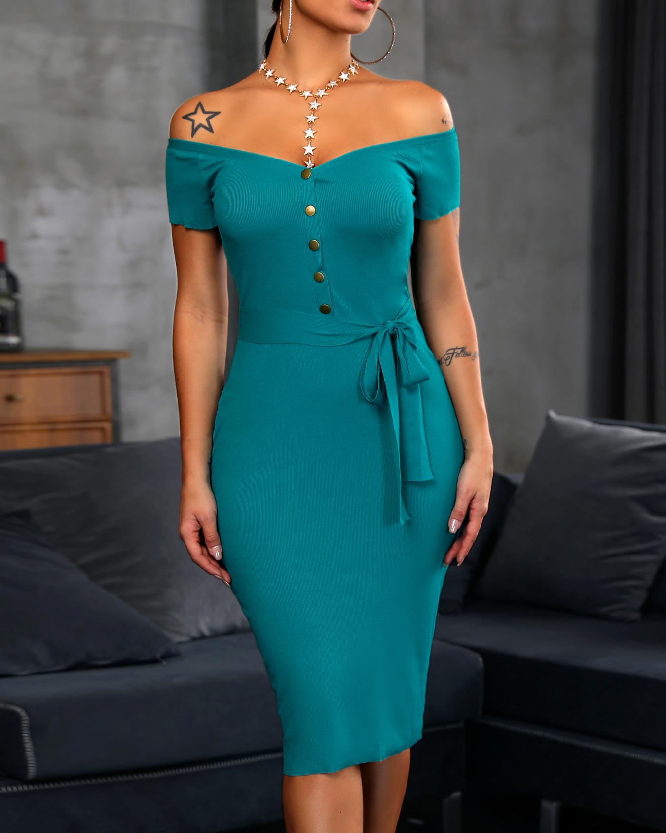 

Single Breasted Off Shoulder Belted Midi Dress, Green
