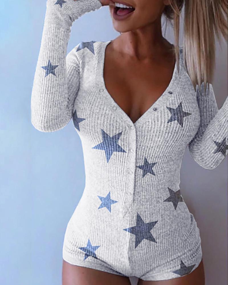 

Star Print V-neck Long Sleeve Romper, White