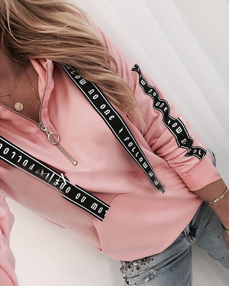 

Zipper Design Drawstring Letter Print Long Sleeve Sweatshirt
