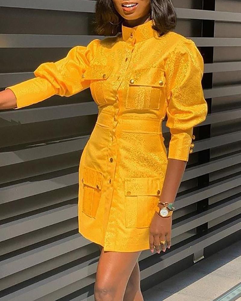 

Solid Buttoned Pocket Design Tight Waits Dress