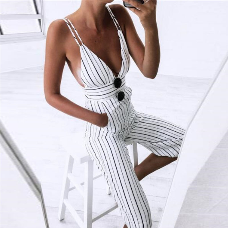

High Waist Open Back Pinstriped Casual Jumpsuit, White