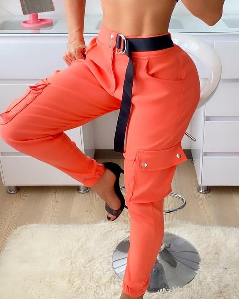 

O-Ring Tape Solid Pocket Design Cargo Pants, Orange