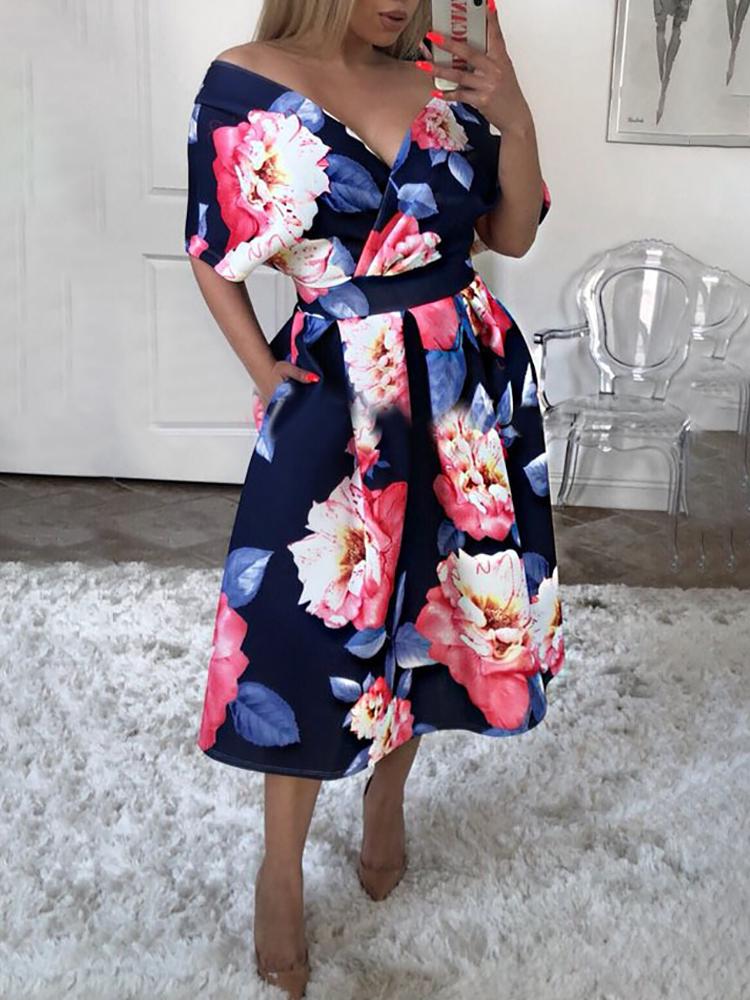 

Floral Print Deep V Pocket Design Wrapped Dress