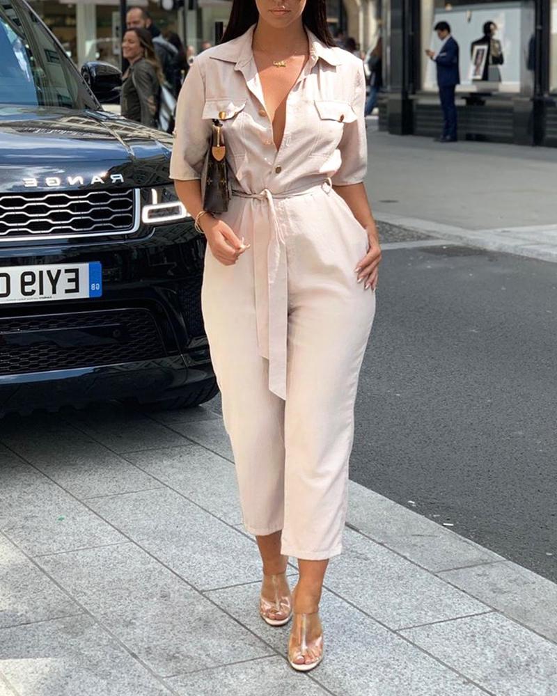 

Short Sleeve Buttoned Cargo Jumpsuit, Beige