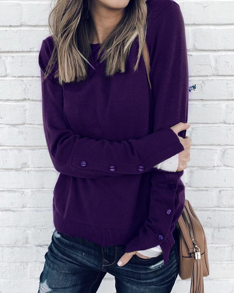 

Solid Round Neck Slit Cuff Buttoned Sweatshirt, Purple