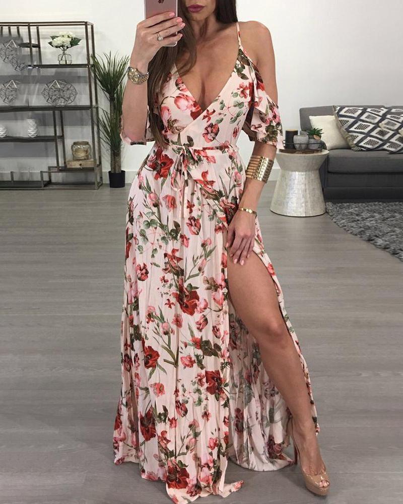 

Ruffled Floral Print High Slit Cold Shoulder Maxi Slip Dress, White