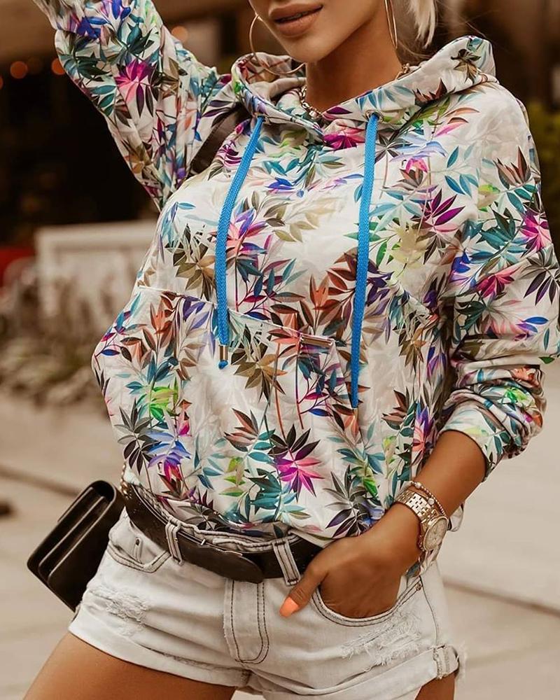 

Leaf Print Colorblock Pocket Design Hooded Top, Multicolor