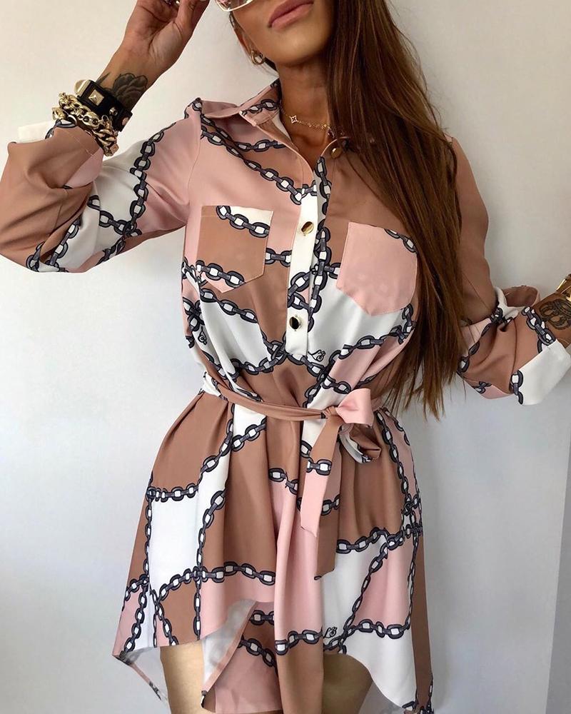 

Buttoned Print Asymmetrical Casual Blouse, Pink