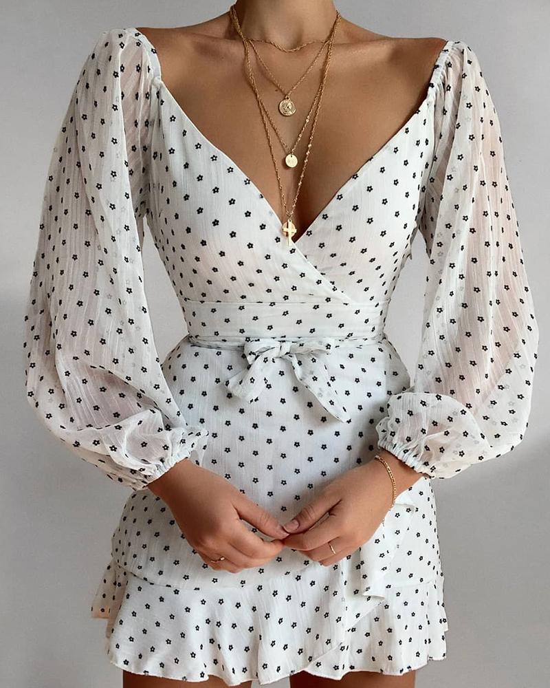 

Dot Long Bloomer Sleeve Mini Dress With Ruffles, White