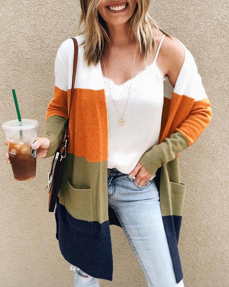 

Colorblock Long Sleeve Pocket Longline Cardigan, Orange