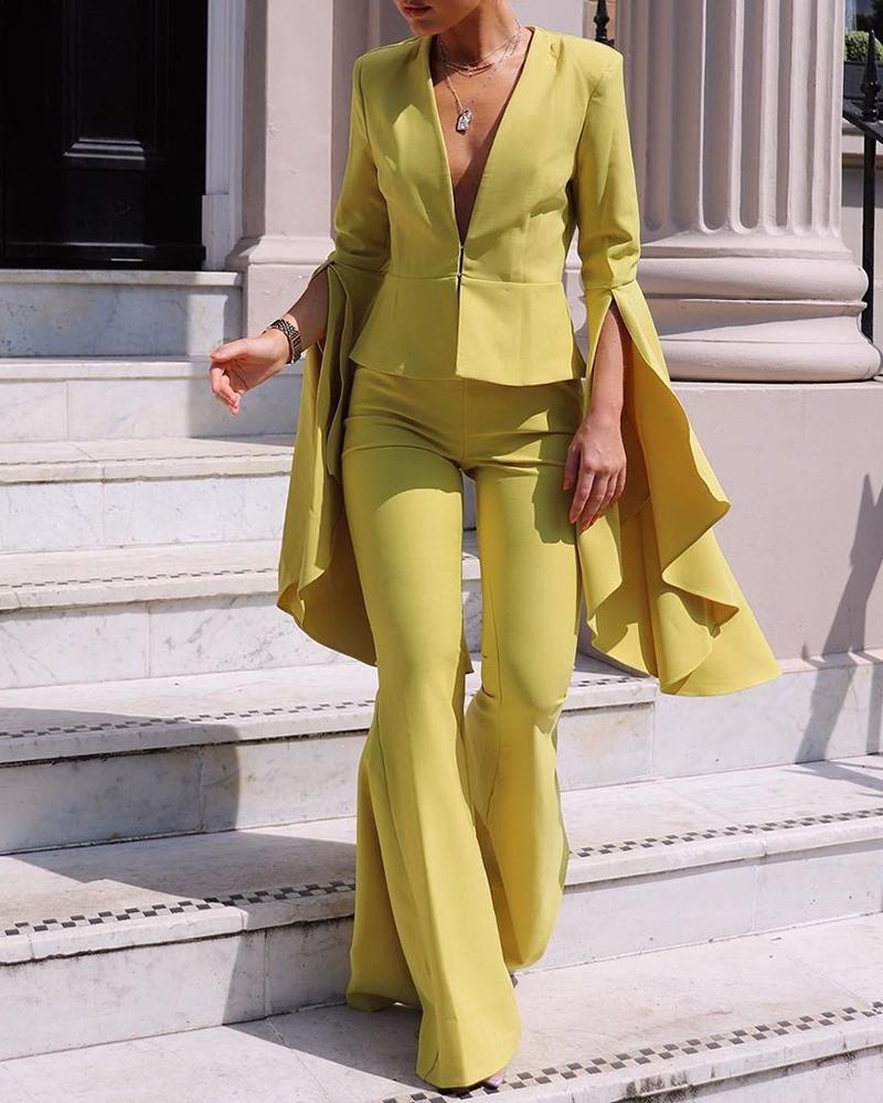 

Solid Plunge Ruffles Blazer & Bell-bottomed Pants Sets