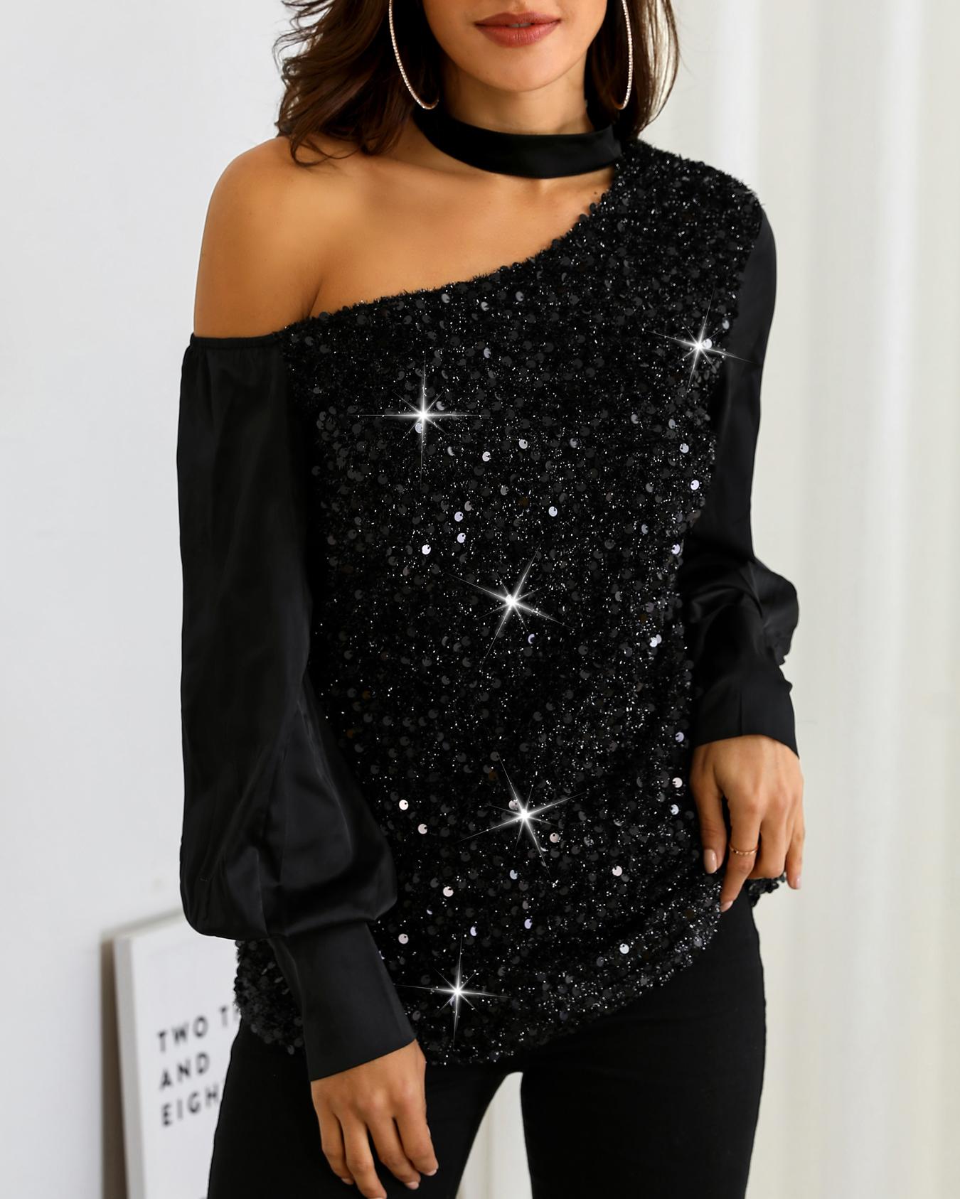 

Choker Cut Out Shoulder Sequin Top, Black