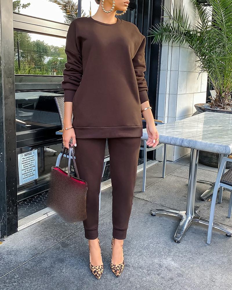 

Plain Long Sleeve Top & Drawstring Pants Set, Dark brown
