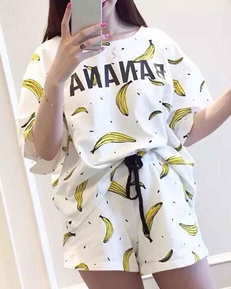 

Letter Print Short Sleeve Drawstring Pajamas Set, White