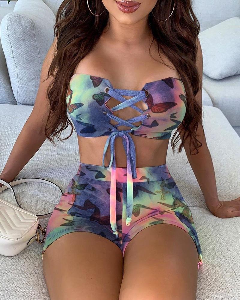

Bandeau Tie Dye Butterfly Print Eyelet Lace-up Top & Shorts Set, Multicolor