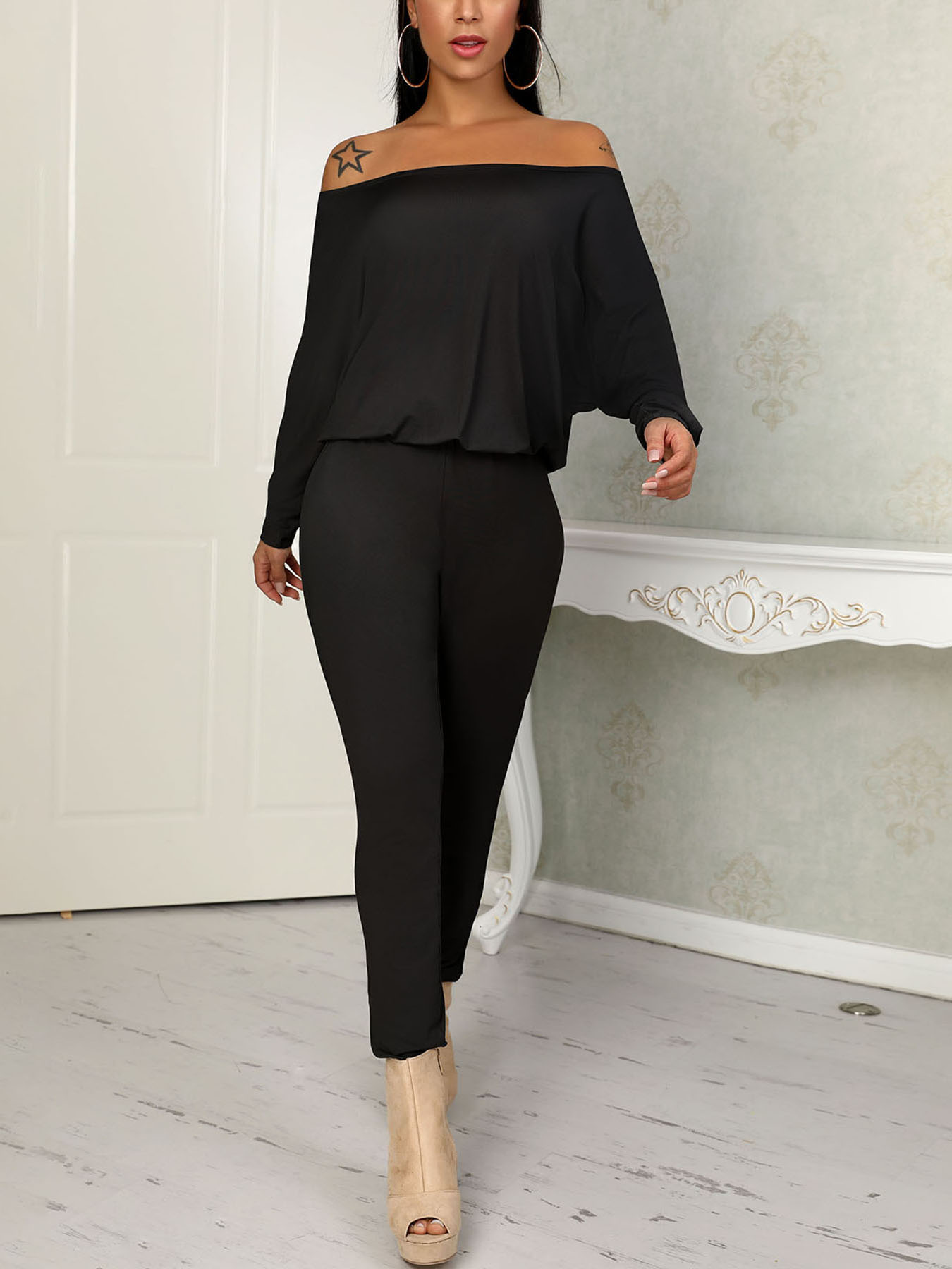 

Fashion Solid Off Shoulder Shirring Waist Jumpsuit