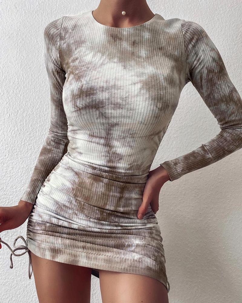 

Tie Dye Print Drawstring Bodycon Dress, Khaki
