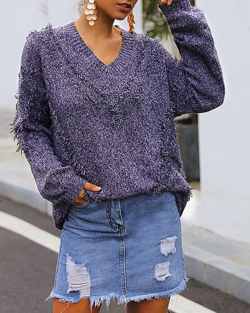 

Solid Tassel Design Casual Sweater, Purple