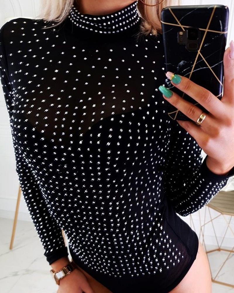 

Mock Neck Studded Long Sleeve Bodysuit, Black