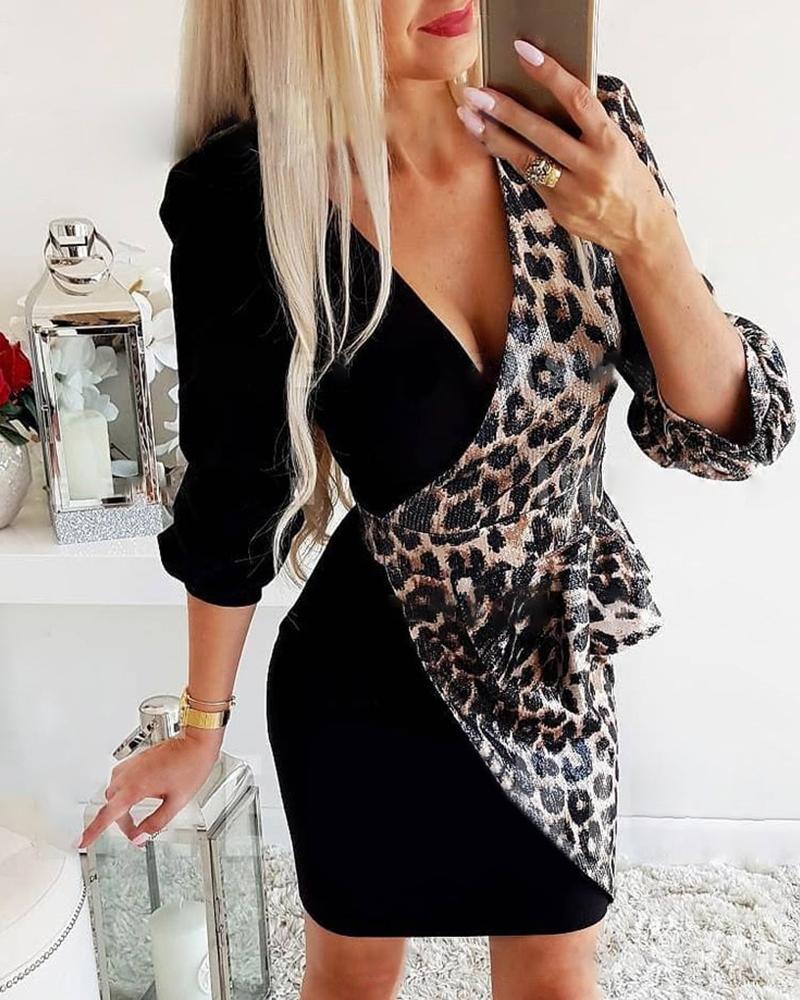 

Cheetah Print Puff Sleeve Wrap Bodycon Dress, Leopard