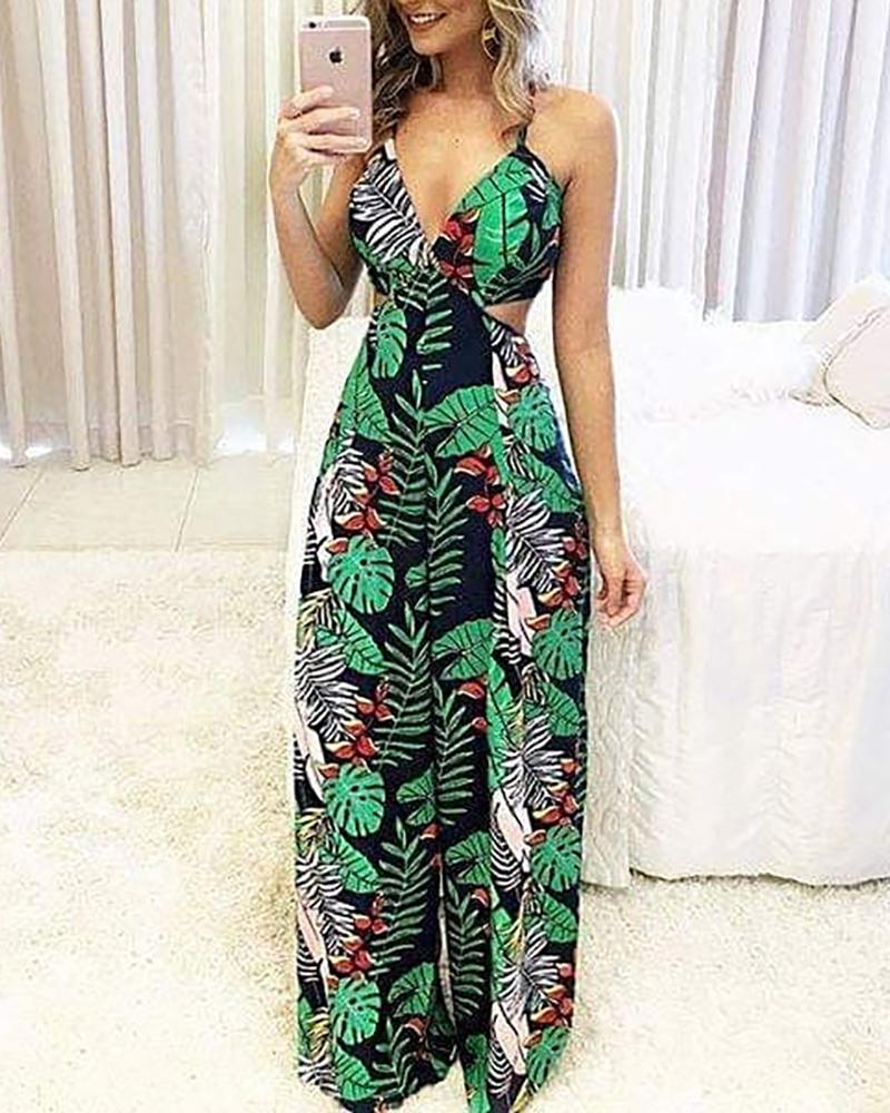 

Tropical Print Cutout Waist Wide Leg Jumpsuit