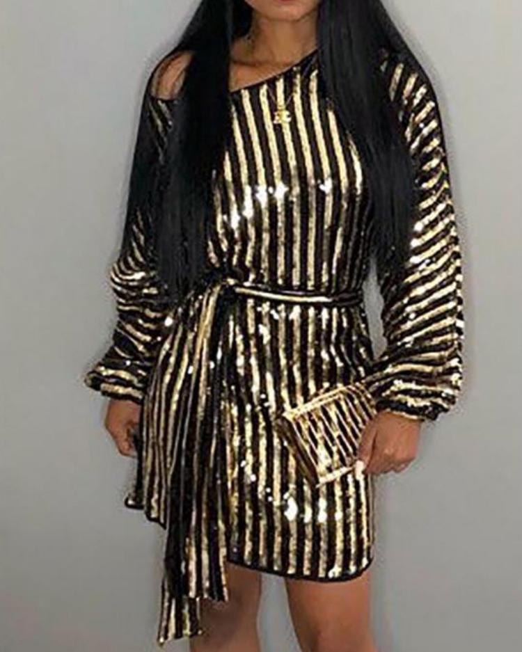 

Stripes Long Sleeve Belted Sequin Party Dress, Gold