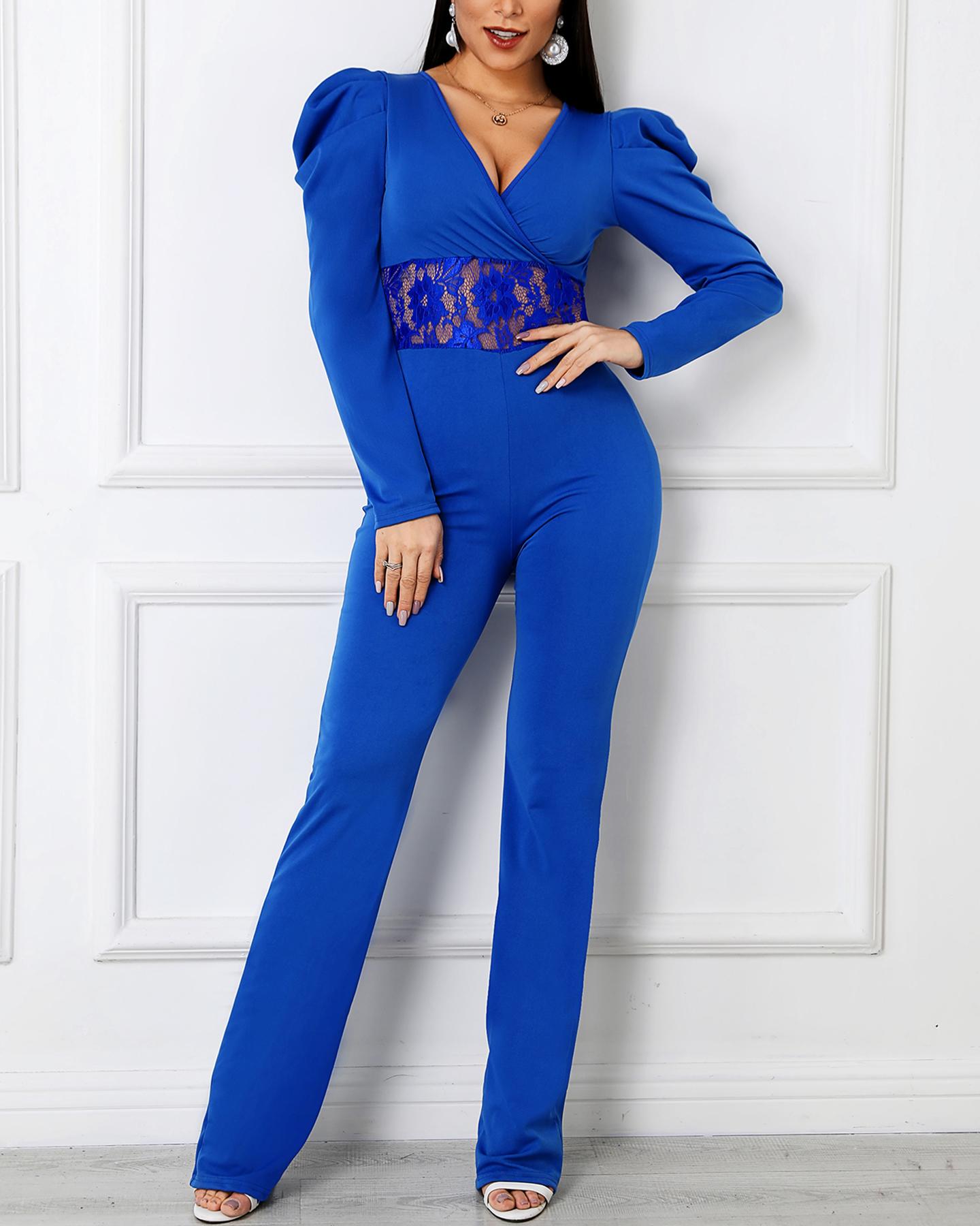 

Puffed Sleeve Lace Patchwork Jumpsuit, Blue