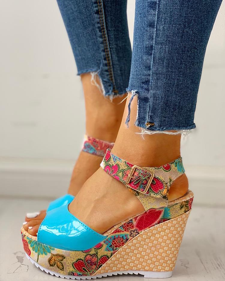 

Floral Peep-toe Platform Wedge Sandals, Blue