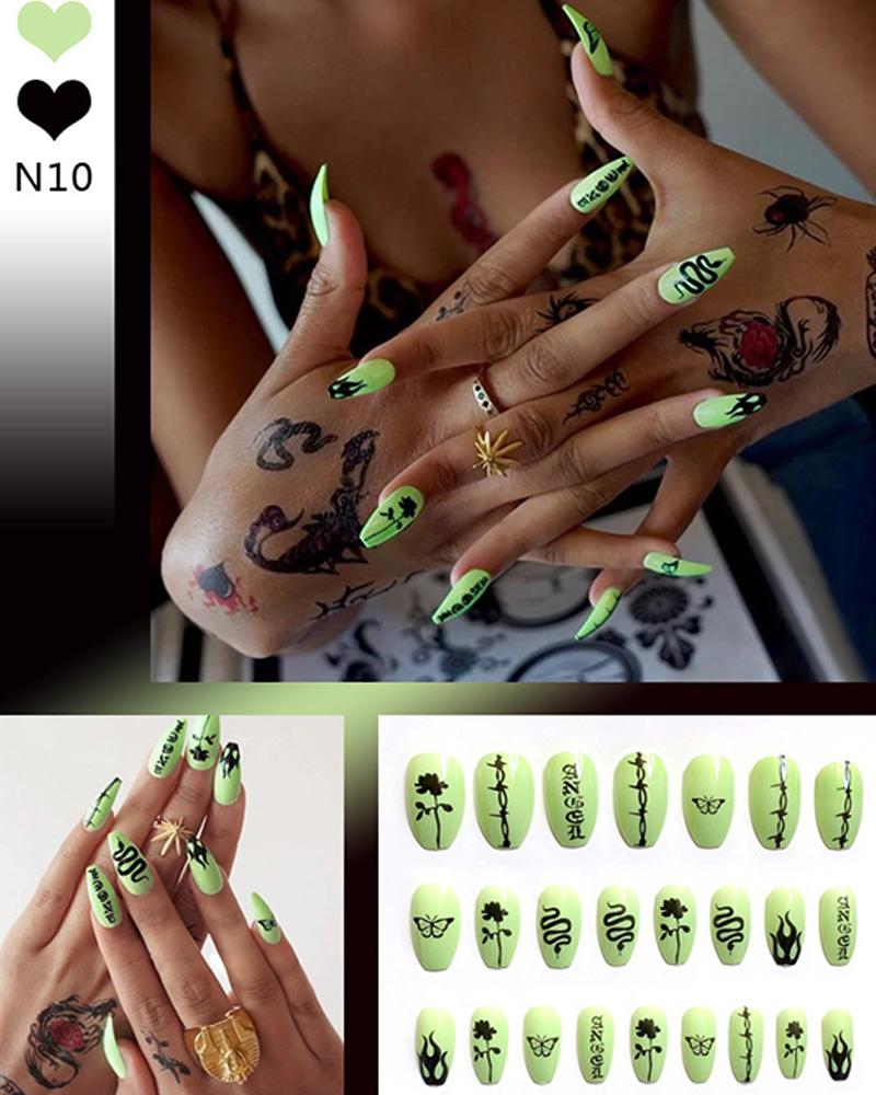 

Snakeskin & Flame & Graphic False Nail & 1PCS Nail Glue, Green