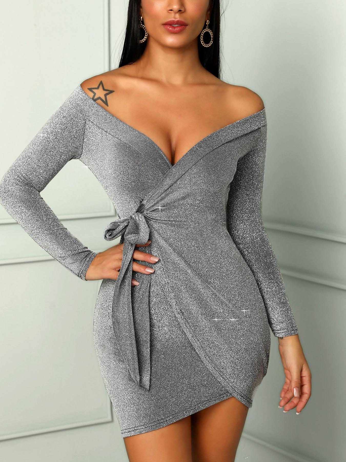 

Glittering Tied Waist Bodycon Wrap Dress, Gray