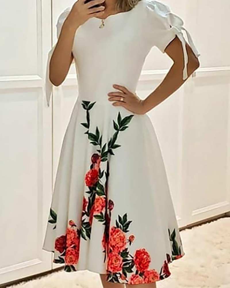 

Floral Print Tie Sleeve Fit & Flare Dress, White