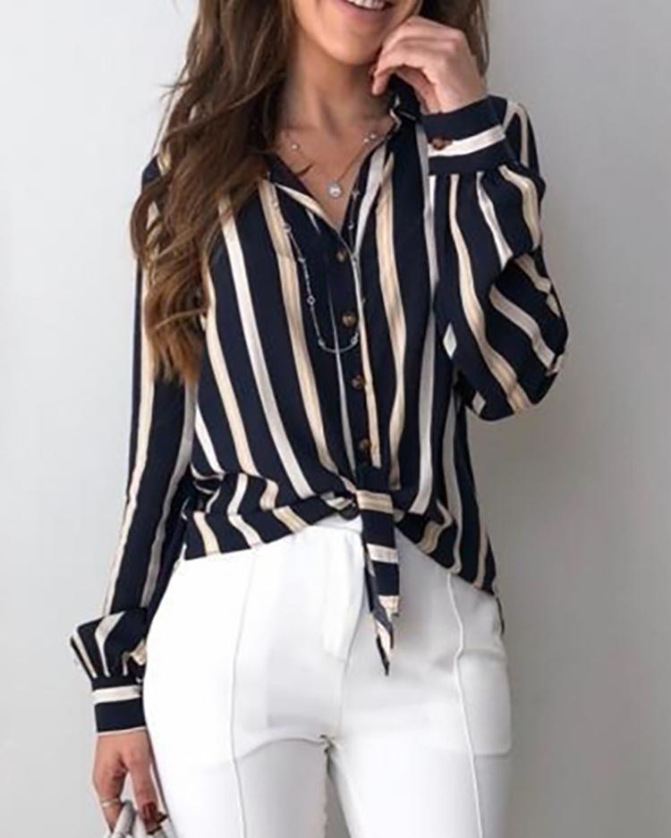 

Contrast Stripes Button Up Knot Front Blouse, Purplish blue