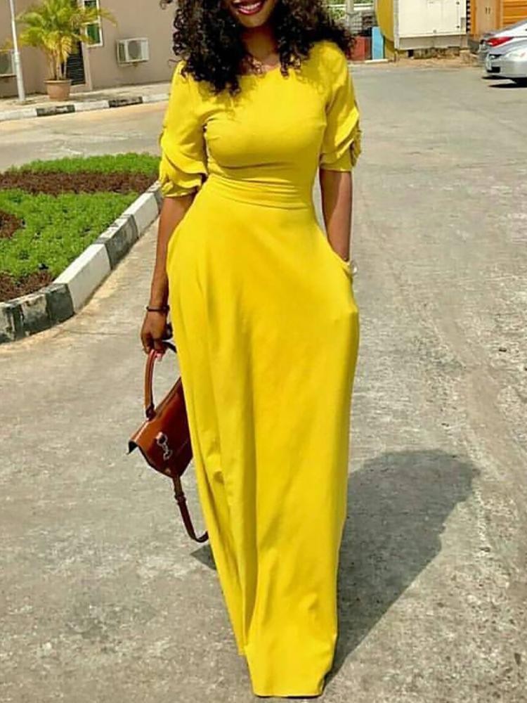 

Solid Half Sleeve Pocket Design Dress, Yellow