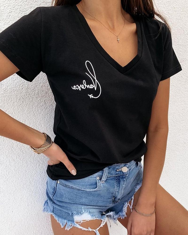 

V Neck Letter Print Casual T-shirt, Black