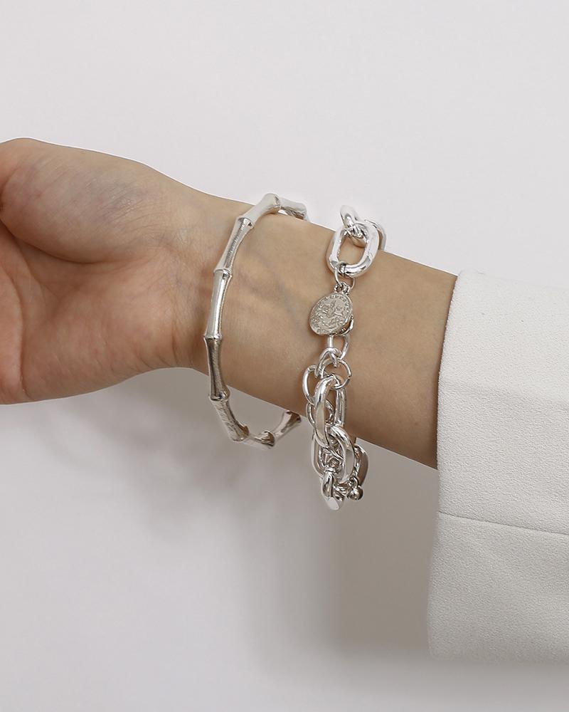 

2PCS Bamboo Joint & Chain Bracelet Set, Silver