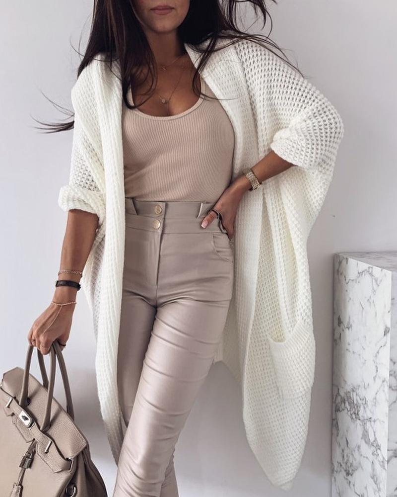 

Solid Pointelle Open Front Pocket Design Longline Cardigan, White