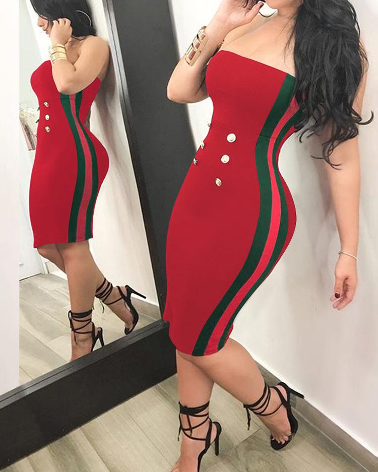 

Side Stripes Button Off Shoulder Midi Dress