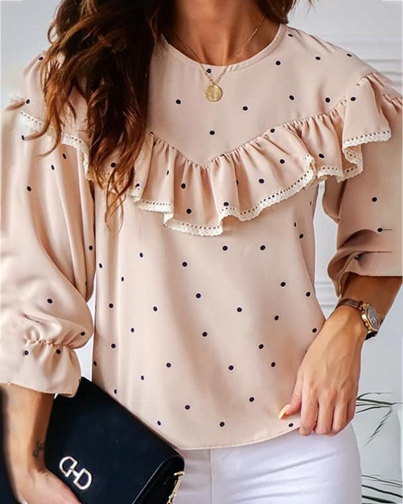 

Dots Print Long Sleeve Ruffles Blouse, Pink