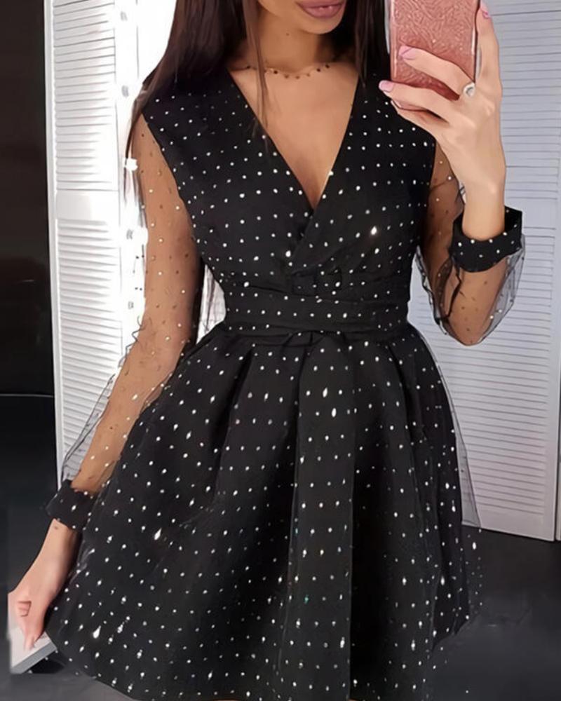 

Sheer Mesh Long Sleeve Ruched Sequin Dress, Black
