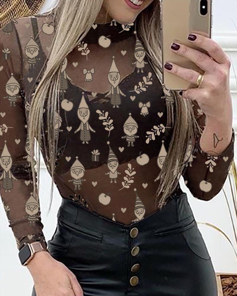 

Christmas Gnome Long Sleeve Sheer Mesh Blouse, Black