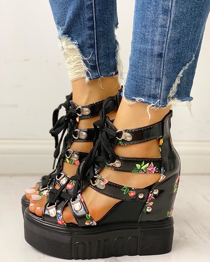 

Lace-Up Cut Out Wedge Sandals, Black