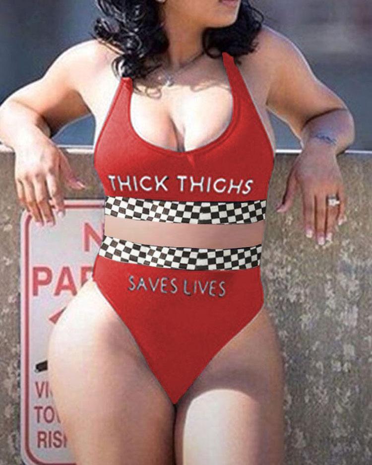 

Oversize Letter Checkerboard Print Bikini Set, Red