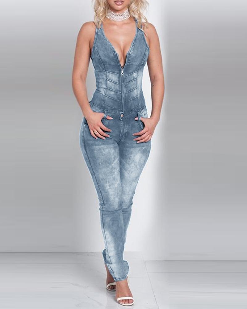 

V-Neck Sleeveless Back Hollow Denim Jumpsuit