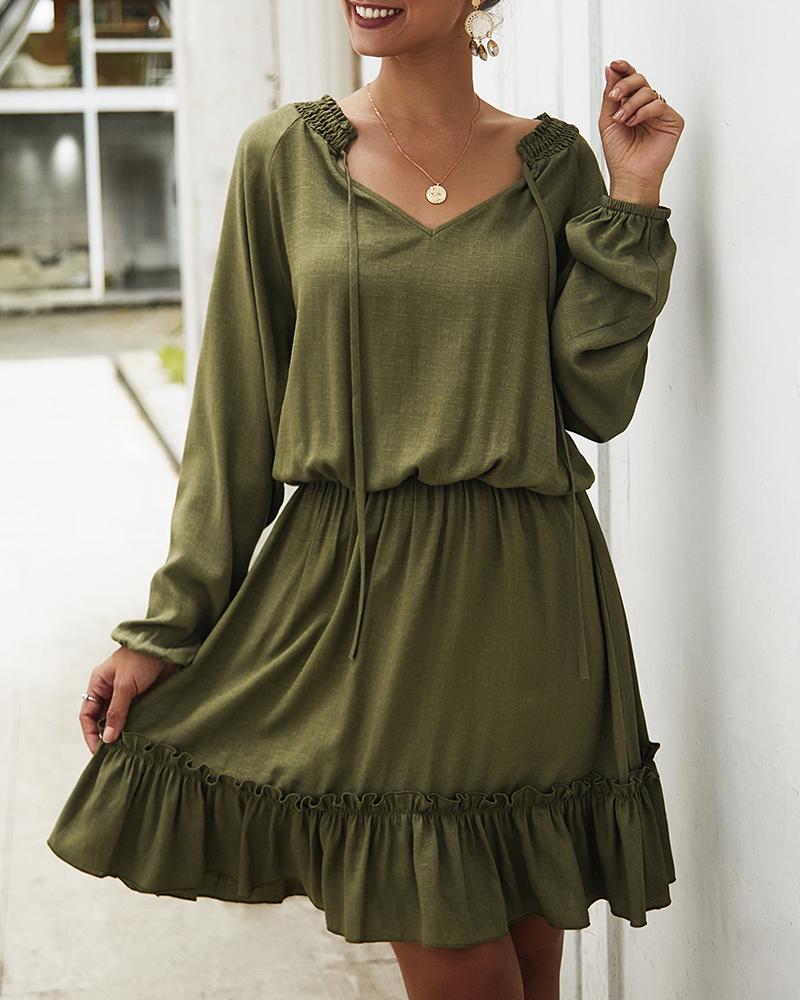 

Solid Long Sleeve Elastic Waist Dress, Army green