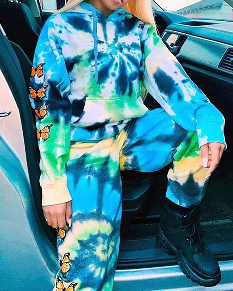 

Tie Dye Print Hooded Top & Butterfly Sweatpants Set, Multicolor