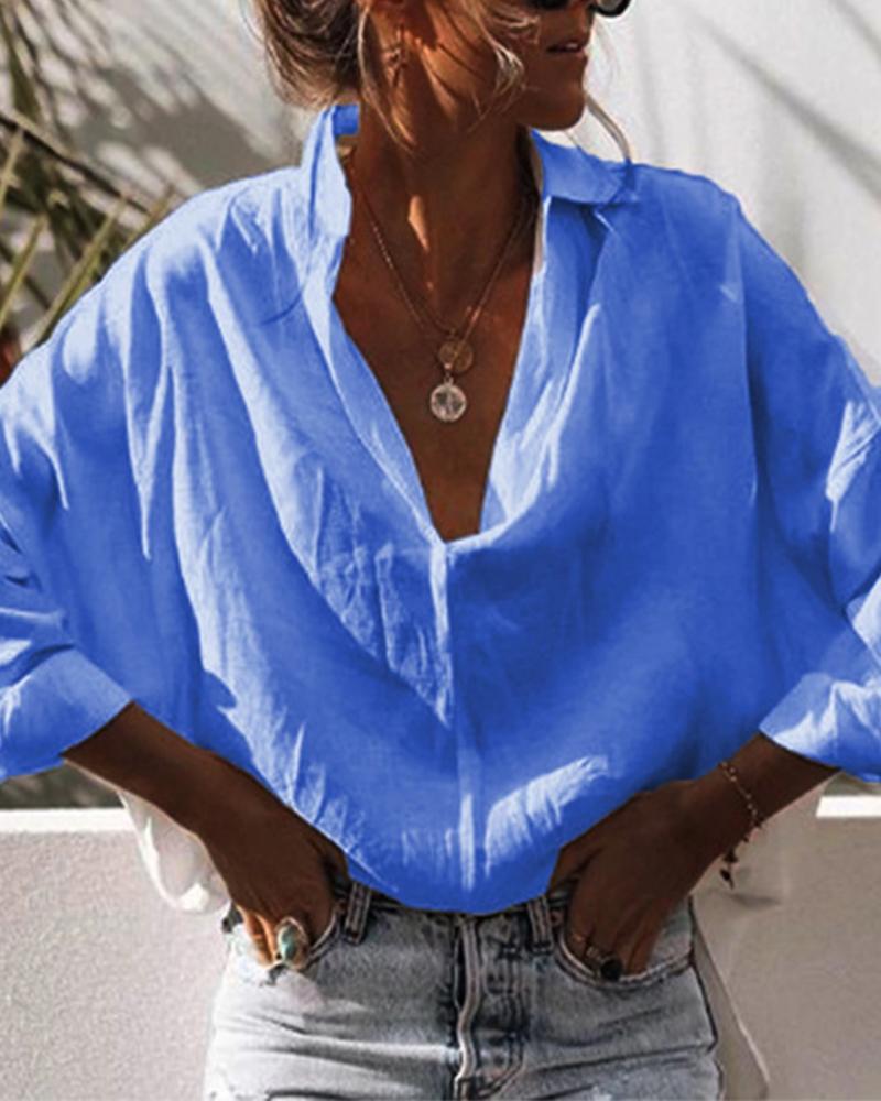 

Long Sleeve Solid Loose Fit Blouse, Blue
