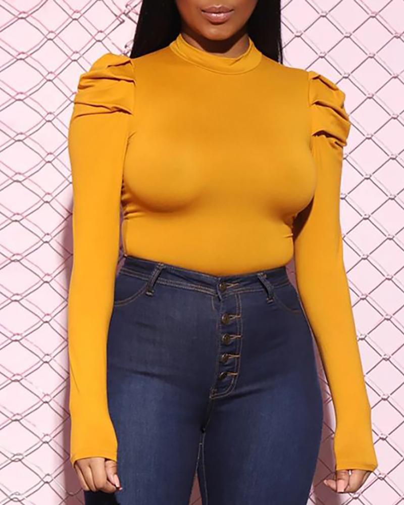 

Solid Puffed Sleeve Knit Top, Yellow