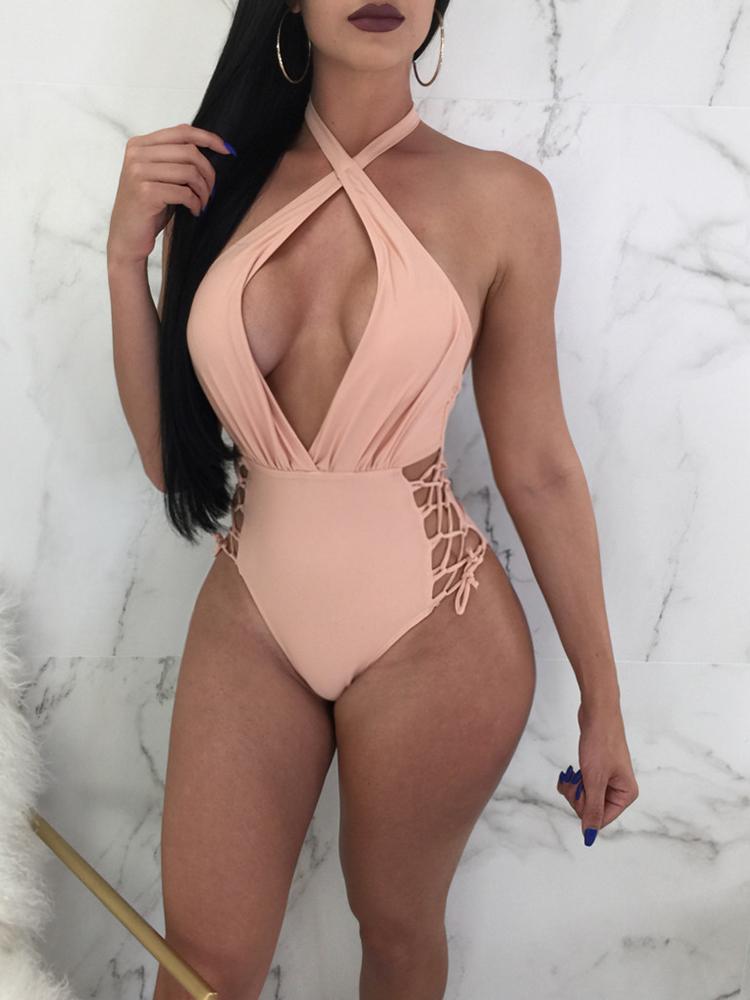 

Side Lace-up Ruched Halter One-piece Swimwear, Pink